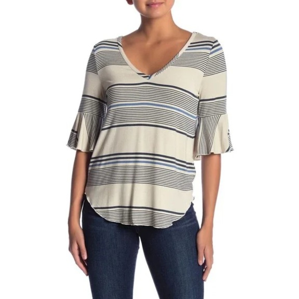 NWT CHASER Striped 3/4 Peplum Bell Sleeve V Neck Cream Blue Shirt Top Size M